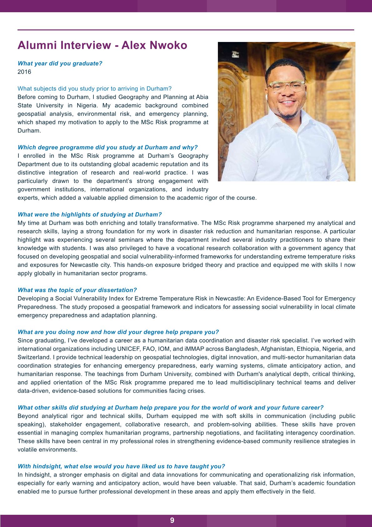 Alumni interview featuring Alex Nwoko, Durham University Geography Department Alumni Newsletter, Summer 2026, page 9.